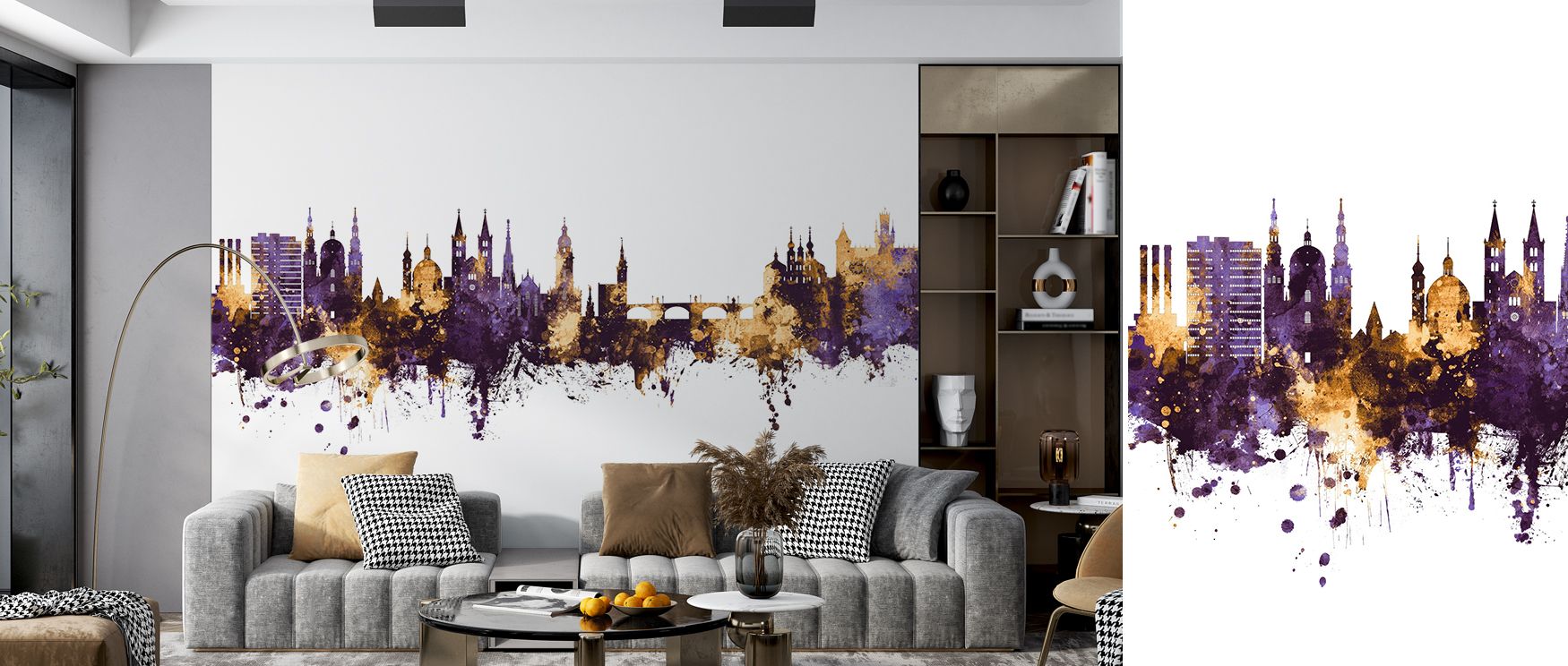 A refined depiction of the Würzburg Germany Skyline Purple & Gold Wallpaper reveals buildings painted in luminous tones. Each detail radiates sophistication, enriching interiors with artistry. The imagery uplifts living areas with heritage charm, turning 