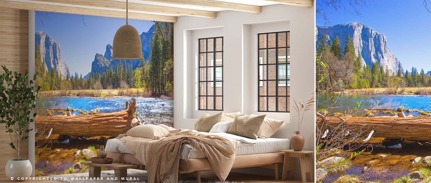 Across the Yosemite Merced River Wallpaper, waters flow gently in muted blues and greens. The imagery conveys calm, enriching interiors with serenity. Each line radiates balance, turning walls into tranquil landscapes. This design uplifts bedrooms, creati