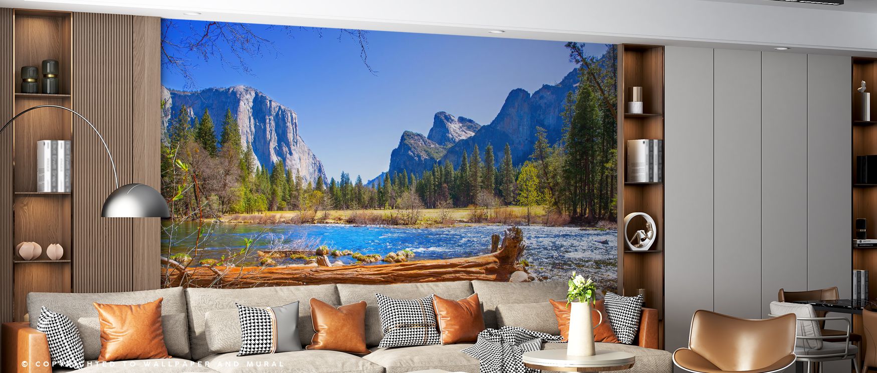 Painted in luminous tones, the Yosemite Merced River Wallpaper portrays rivers flowing with calm rhythm. Gentle gradients create harmony, while muted palettes enrich interiors with serenity. Its imagery celebrates natural artistry, turning walls into peac
