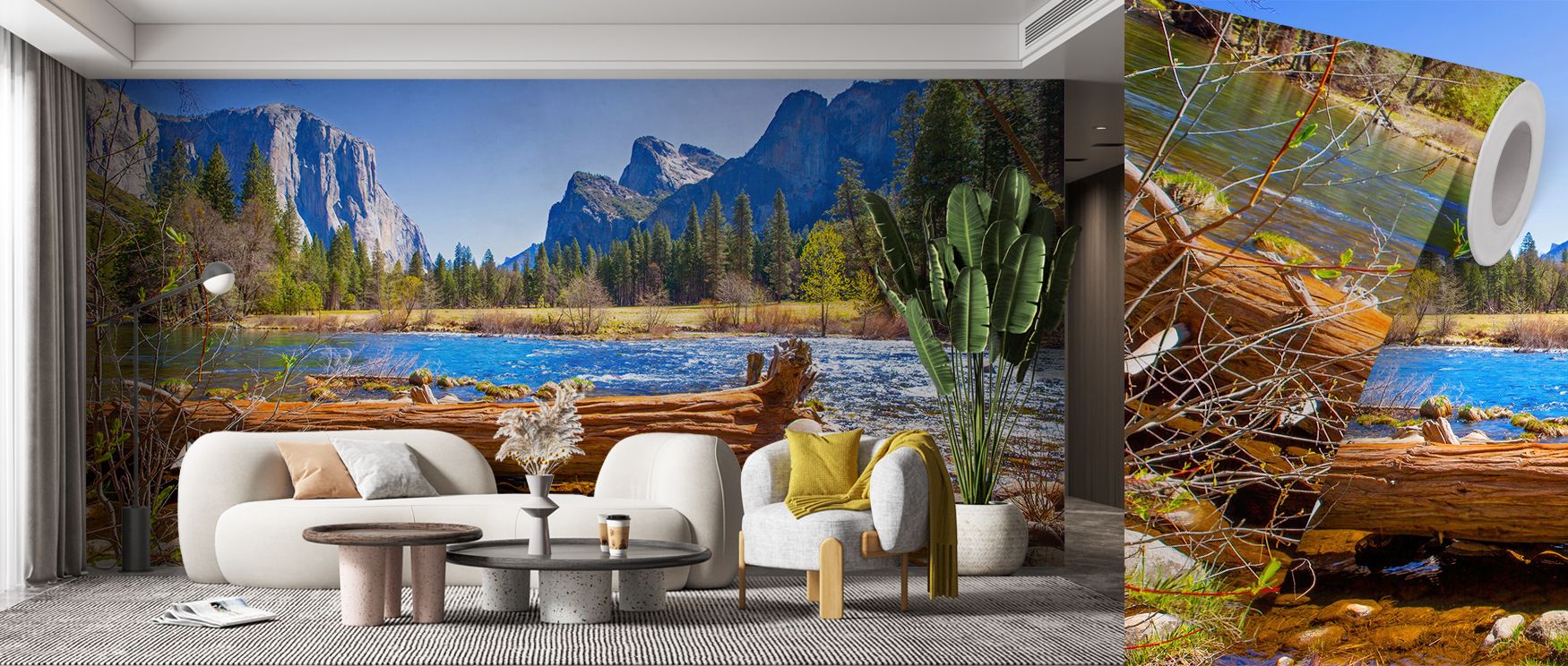 With soft gradients, the Yosemite Merced River Wallpaper captures flowing rivers in calm tones. Blues merge with greens, creating atmosphere. The imagery enriches interiors with artistry, offering decorative balance. This wallpaper uplifts living areas wi