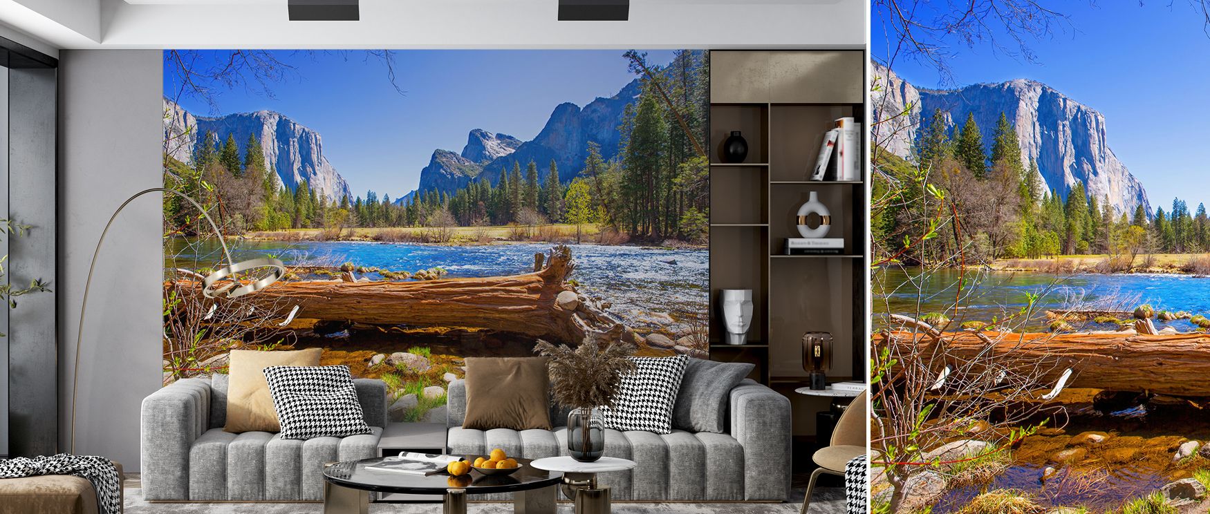 Within the Yosemite Merced River Wallpaper, landscapes unfold in muted tones. Flowing waters create rhythm, while soft gradients enhance calmness. The imagery enriches interiors with artistry, turning walls into peaceful compositions. This design uplifts 