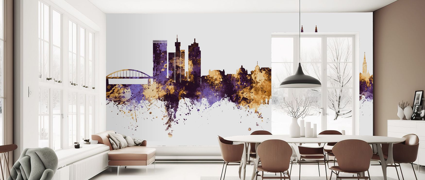 Painted in radiant hues, the Zagreb Croatia Skyline Purple & Gold Wallpaper highlights iconic silhouettes glowing with cultural charm. Purple tones balance with golden brilliance, enriching interiors with elegance. This imagery transforms walls into lumin