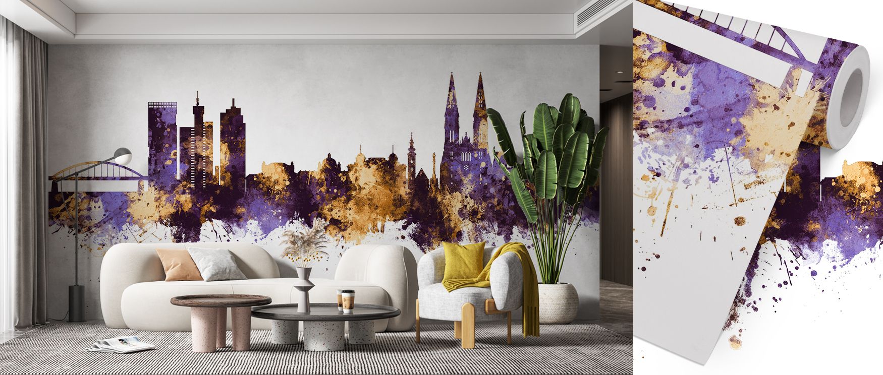 A striking portrayal of the Zagreb Croatia Skyline Purple & Gold Wallpaper shows buildings painted in radiant metallic tones. Each structure glows with artistry, suggesting grandeur. The imagery enriches interiors with cultural charm, transforming walls i