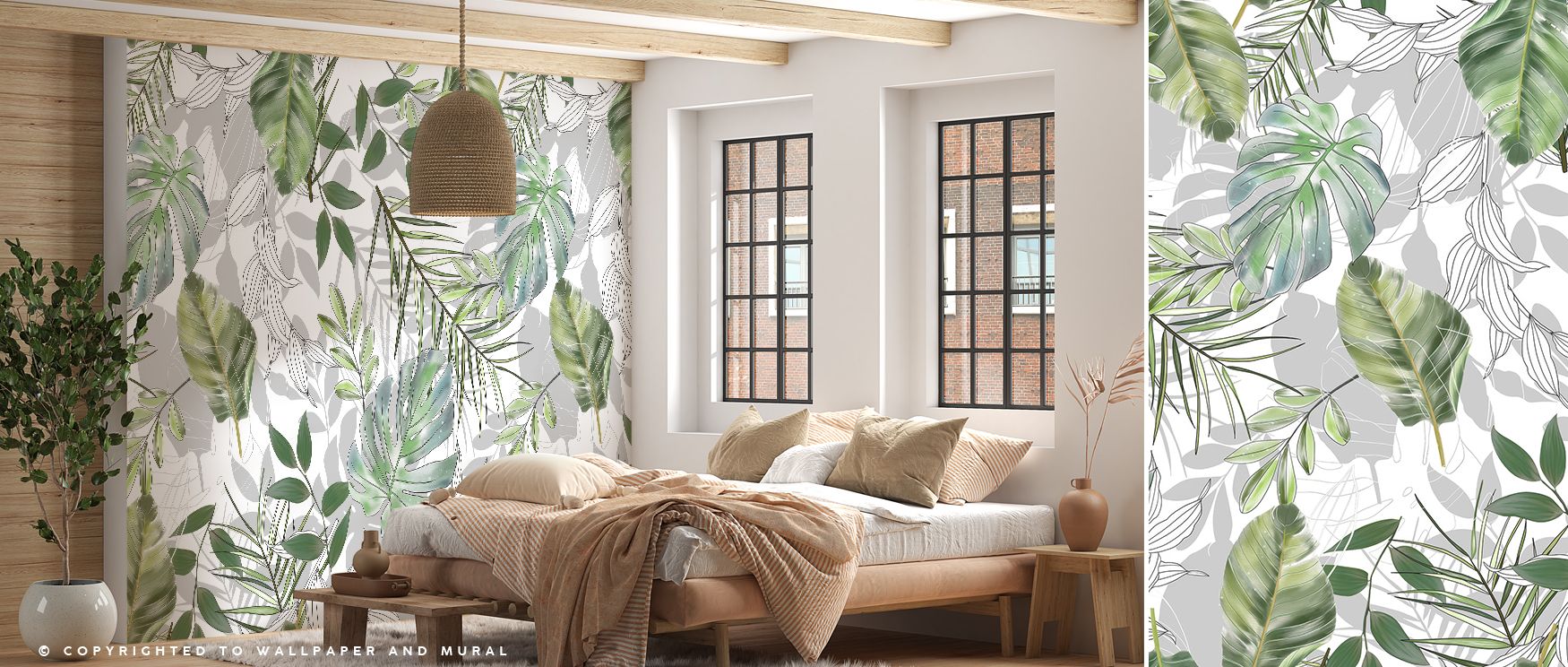 Across the Light Green Tropics Wallpaper, tropical leaves appear in soft tones. Each detail radiates freshness, creating balance. The imagery enriches interiors with charm, uplifting spaces with calm artistry. This design transforms walls into botanical c