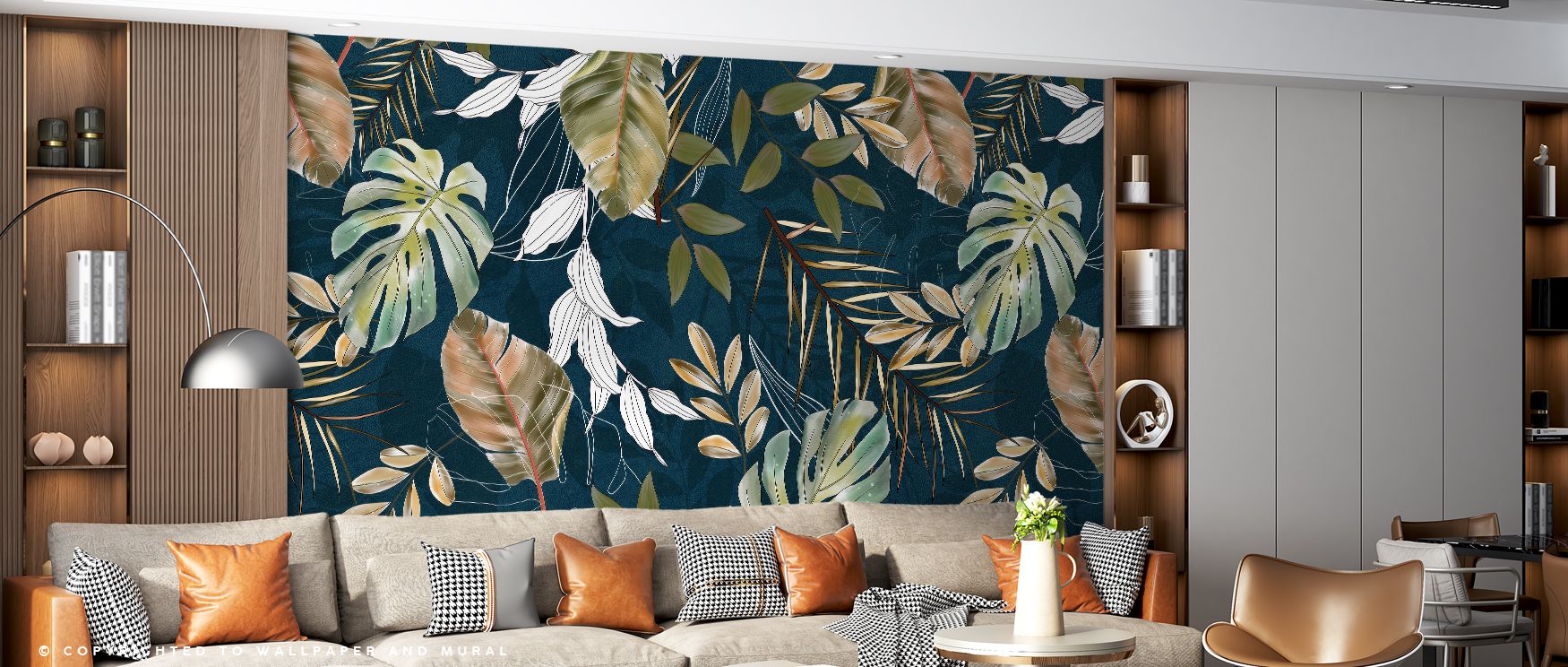 Painted in luminous detail, the Green Tropics with Gold Accent Wallpaper portrays tropical leaves highlighted with golden tones. Each detail conveys vitality, creating atmosphere. Its imagery enhances interiors with luxury, uplifting homes with elegance. 