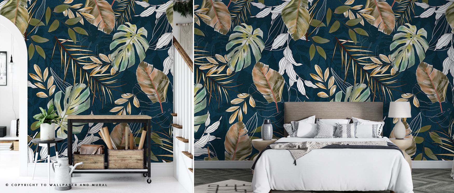 The Green Tropics with Gold Accent Wallpaper highlights foliage painted with golden detail. Each leaf radiates vibrancy, adding balance. Its imagery enriches interiors with sophistication, creating decorative charm. This wallpaper uplifts spaces with cult