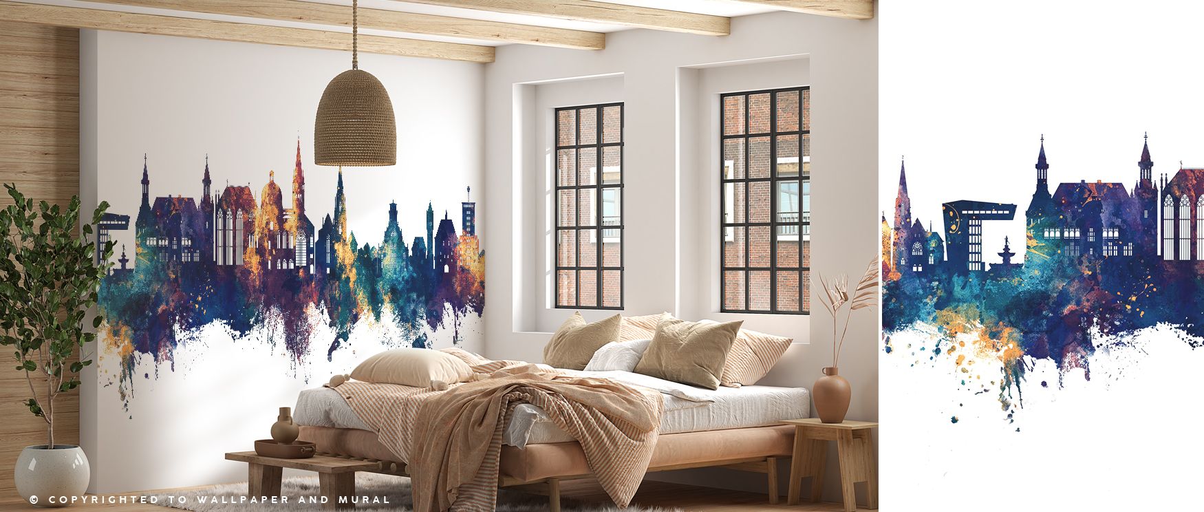 The Aachen Germany Skyline Blue & Bronze Wallpaper portrays silhouettes painted in glowing tones. Each detail adds charm, enriching interiors with artistry. The imagery uplifts offices with cultural refinement, turning walls into decorative cultural canva