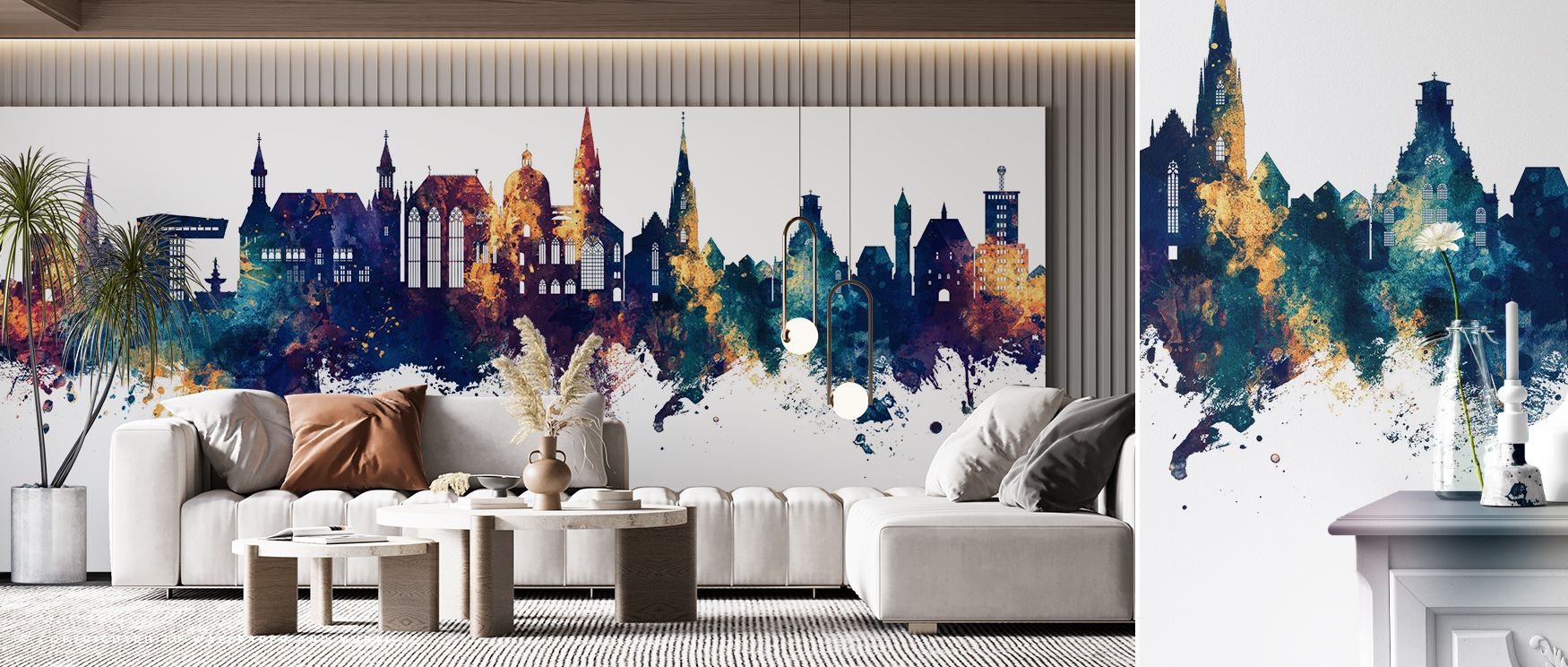 A refined depiction of the Aachen Germany Skyline Blue & Bronze Wallpaper highlights architecture rendered in glowing tones. Each silhouette radiates charm, enriching interiors with artistry. The imagery uplifts spaces with cultural pride, offering decora