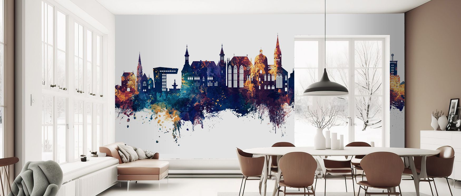 Within the Aachen Germany Skyline Blue & Bronze Wallpaper, structures glow in radiant contrasts. Blue tones balance bronze highlights, enriching interiors with artistry. The imagery uplifts living areas with cultural refinement, turning walls into elegant