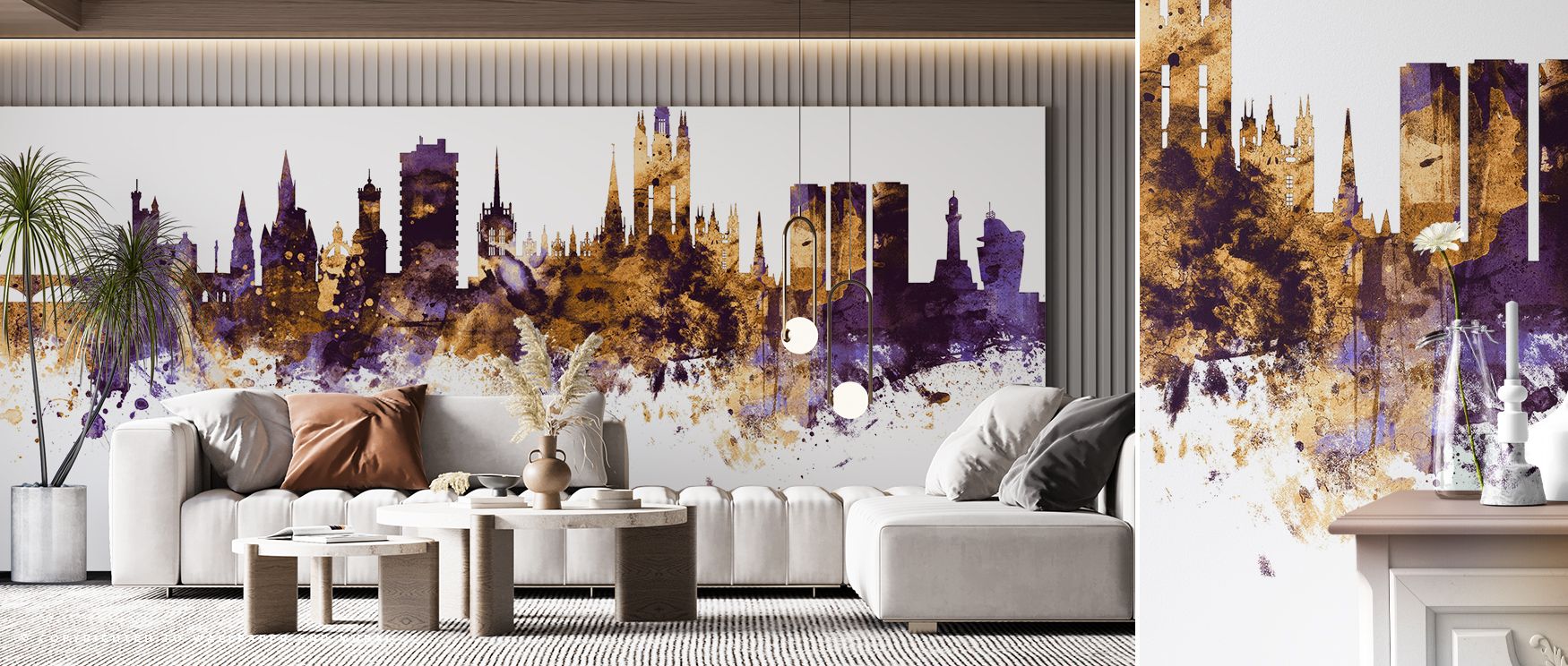 A striking portrayal of the Aberdeen Scotland Skyline Purple & Gold Wallpaper reveals architecture painted in radiant tones. Each silhouette enriches interiors with artistry. The imagery uplifts spaces with cultural charm, turning walls into luminous show