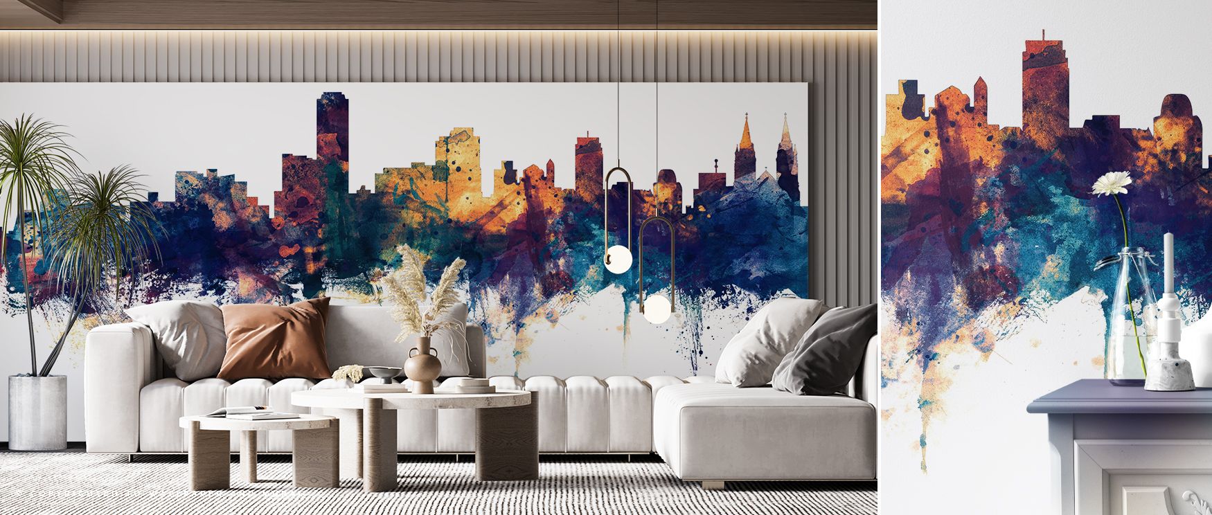 A refined depiction of the Adelaide Australia Skyline Blue & Bronze Wallpaper reveals buildings painted in radiant hues. Each structure glows with artistry, enriching interiors with pride. The imagery uplifts bedrooms with decorative charm, offering sophi