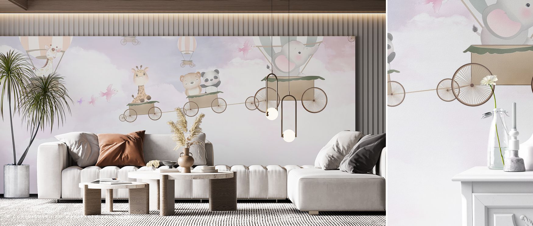 A vivid depiction of the Adorable Cloud Adventure Wallpaper shows clouds painted in pastel tones. Each form radiates joy, enriching interiors with charm. The imagery uplifts nurseries with whimsy, offering decorative delight and imaginative creativity ins