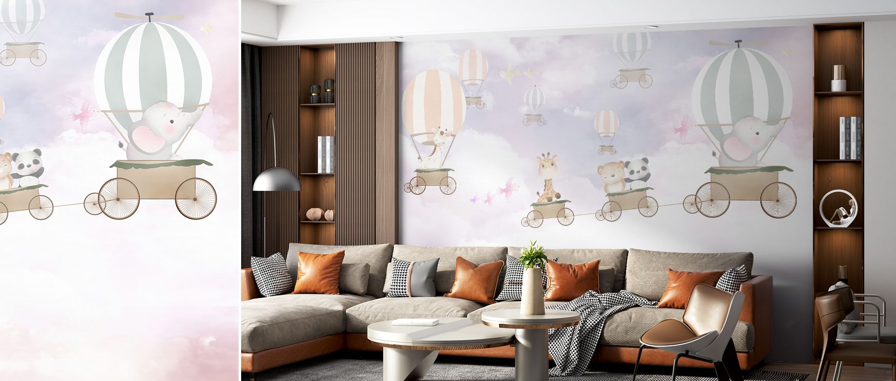 Within the Adorable Cloud Adventure Wallpaper, fluffy clouds appear painted in pastel colors. Each motif resonates with whimsy, enriching interiors with artistry. The imagery uplifts playrooms with joy, turning walls into decorative canvases filled with i