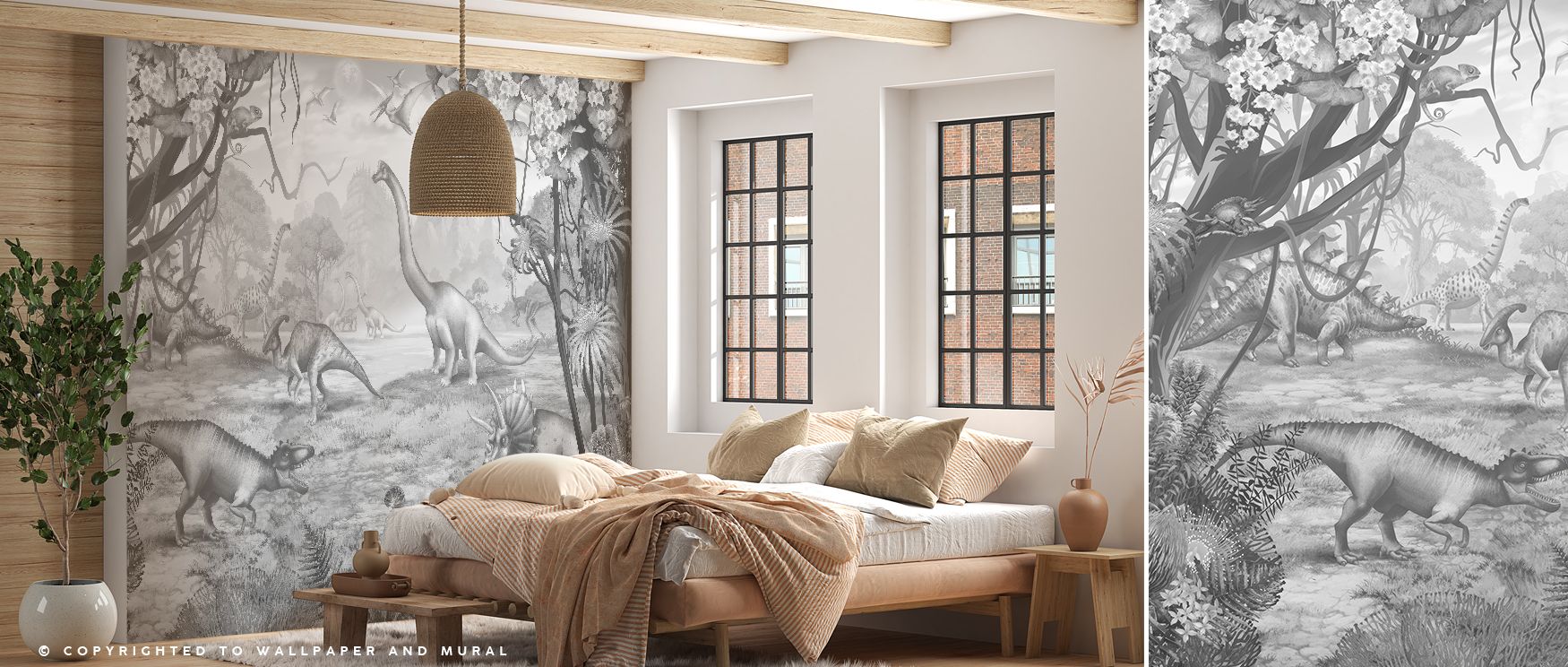 The Ancient Dinos Grey Wallpaper highlights pterodactyls soaring across pale skies rendered in muted tones, wings spread wide in rhythmic motion. Each detail enriches interiors with charm, uplifting children’s rooms with playful artistry, turning walls in