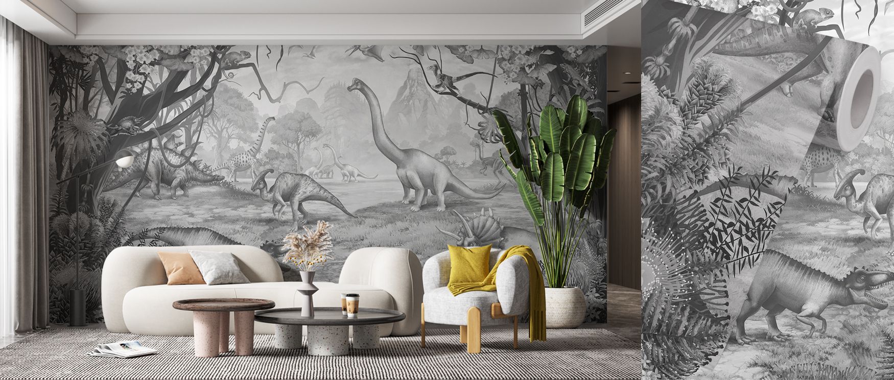 Across its design, the Ancient Dinos Grey Wallpaper layers dinosaurs among muted trees painted with delicate greens and browns. Each motif radiates charm, enriching interiors with creativity. Nurseries glow when paired with this imagery, walls transformed