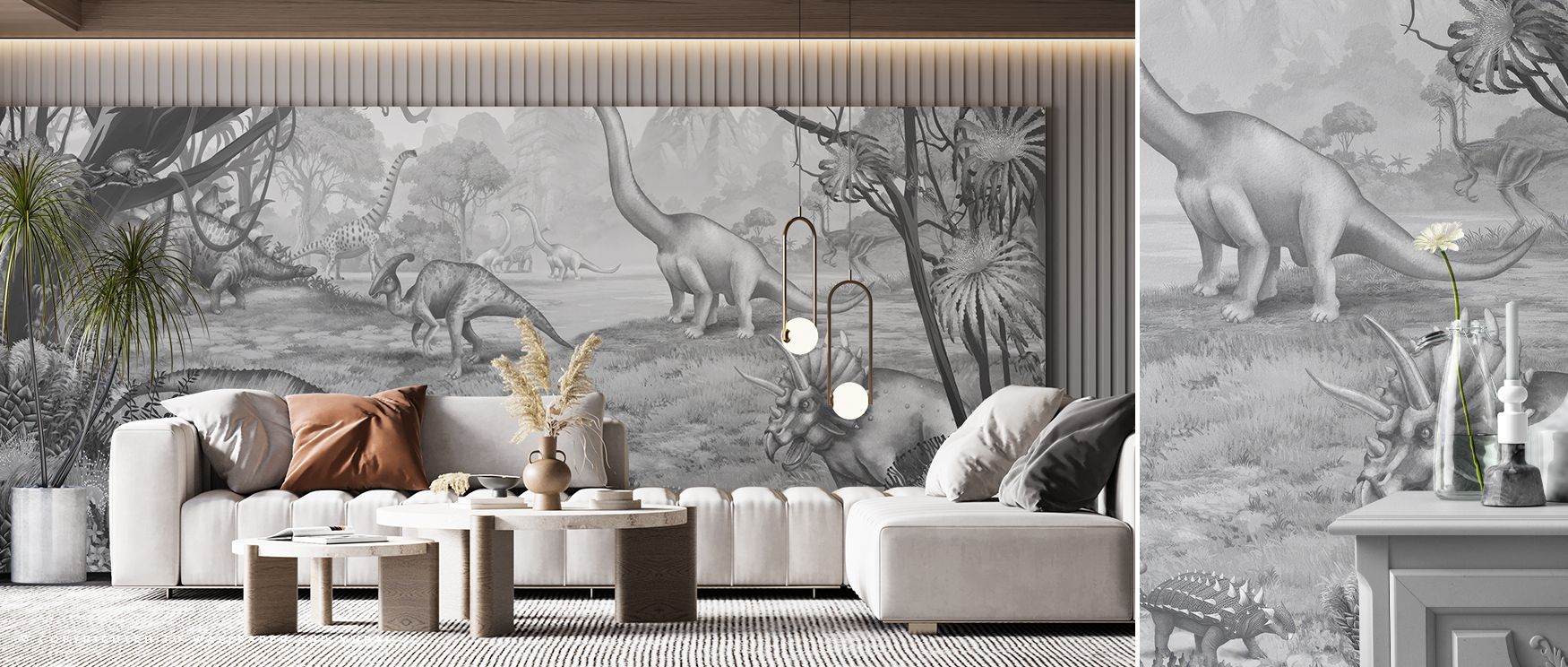 A vivid portrayal of the Ancient Dinos Grey Wallpaper reveals dinosaurs moving gracefully through softened textures under pale skies. Each figure enriches interiors with childlike artistry, uplifting playrooms with decorative rhythm, turning walls into im