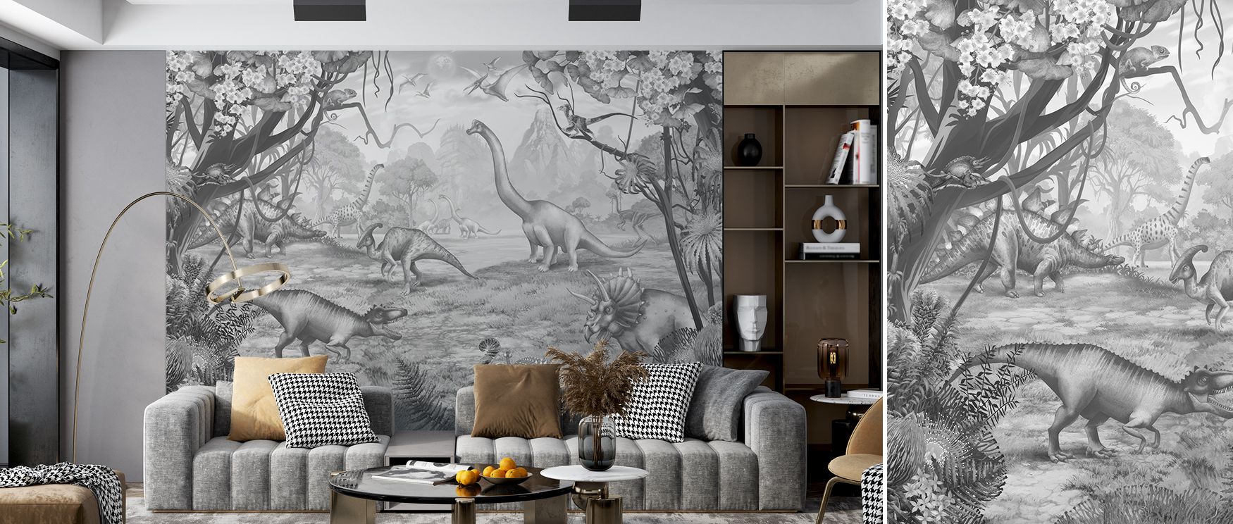 Painted softly, the Ancient Dinos Grey Wallpaper layers silhouettes of dinosaurs within landscapes brushed in muted tones. Each motif resonates with charm, uplifting nurseries where walls glow with creativity and discovery, turning spaces into decorative 