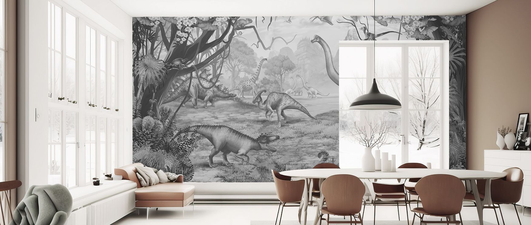 Ancient Dinos Grey Wallpaper depicts brontosaurus and stegosaurus sharing space painted in muted earth tones softened by gray. Each form enriches interiors with rhythm, uplifting children’s rooms where walls glow with playful charm, becoming decorative sh