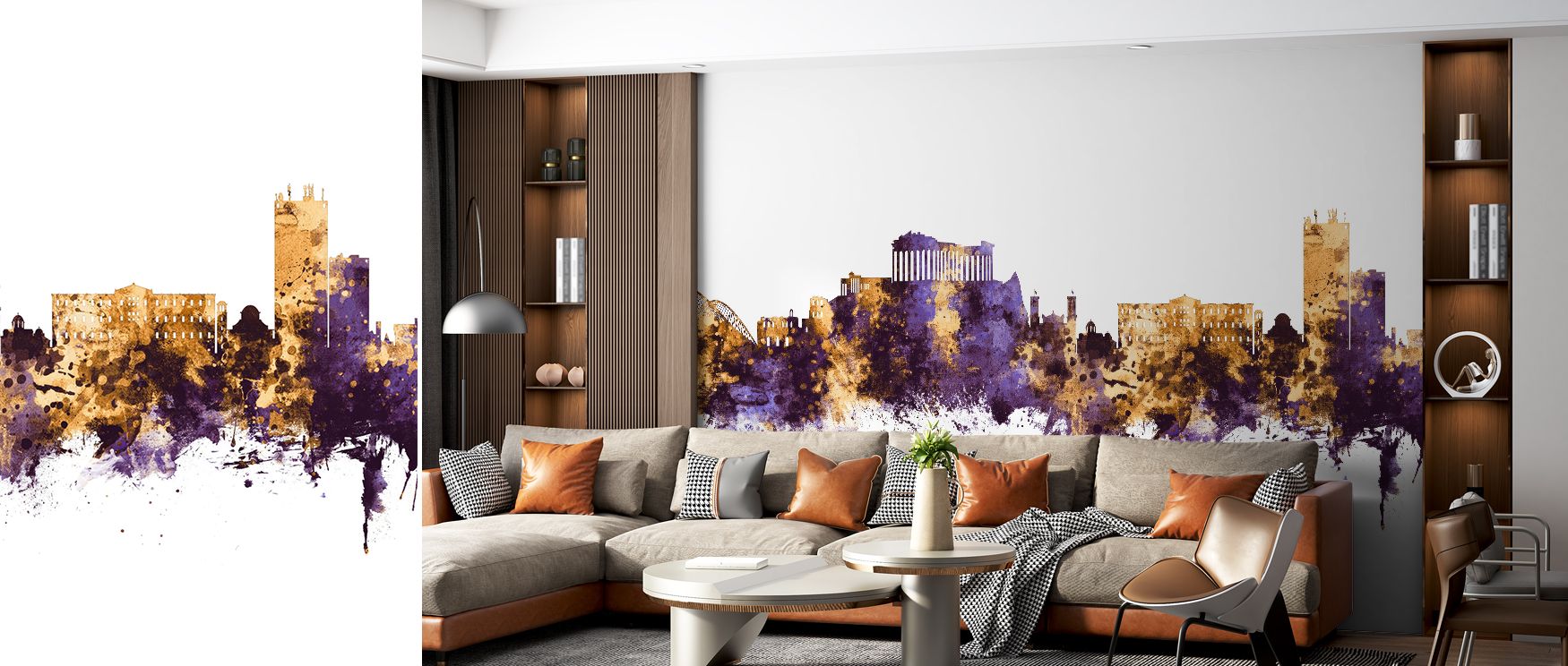 A luminous palette defines Athens Greece Skyline Purple & Gold Wallpaper, where urban silhouettes glow with richness. Interiors gain timeless atmosphere, becoming elegant retreats. Bedrooms or offices shine with refinement, enriched by the balance of purp