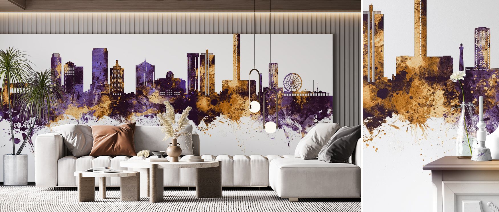 Golden tones shimmer through Atlantic City New Jersey Skyline Purple & Gold Wallpaper, giving walls richness and refinement. Interiors become radiant sanctuaries of charm, filled with atmosphere. Offices or bedrooms glow with its luminous presence, enrich
