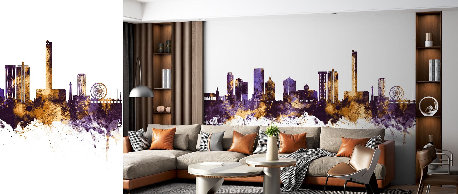 Vibrant urban character flows through Atlantic City New Jersey Skyline Purple & Gold Wallpaper, where details are framed by luminous tones. Interiors feel refined, filled with grandeur and warmth. Walls become backdrops of elegance, making bedrooms or liv