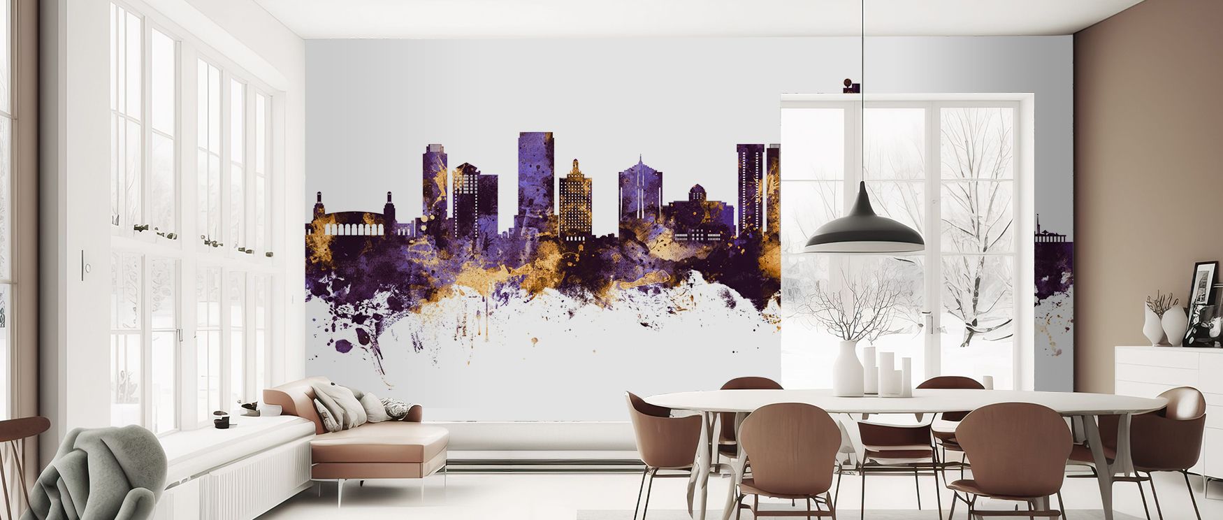 Atlantic City New Jersey Skyline Purple & Gold Wallpaper captures coastal vitality, where purple tones meet golden highlights. Interiors are uplifted by its richness, filled with sophistication. Bedrooms or studies glow with warmth, making them radiant sa