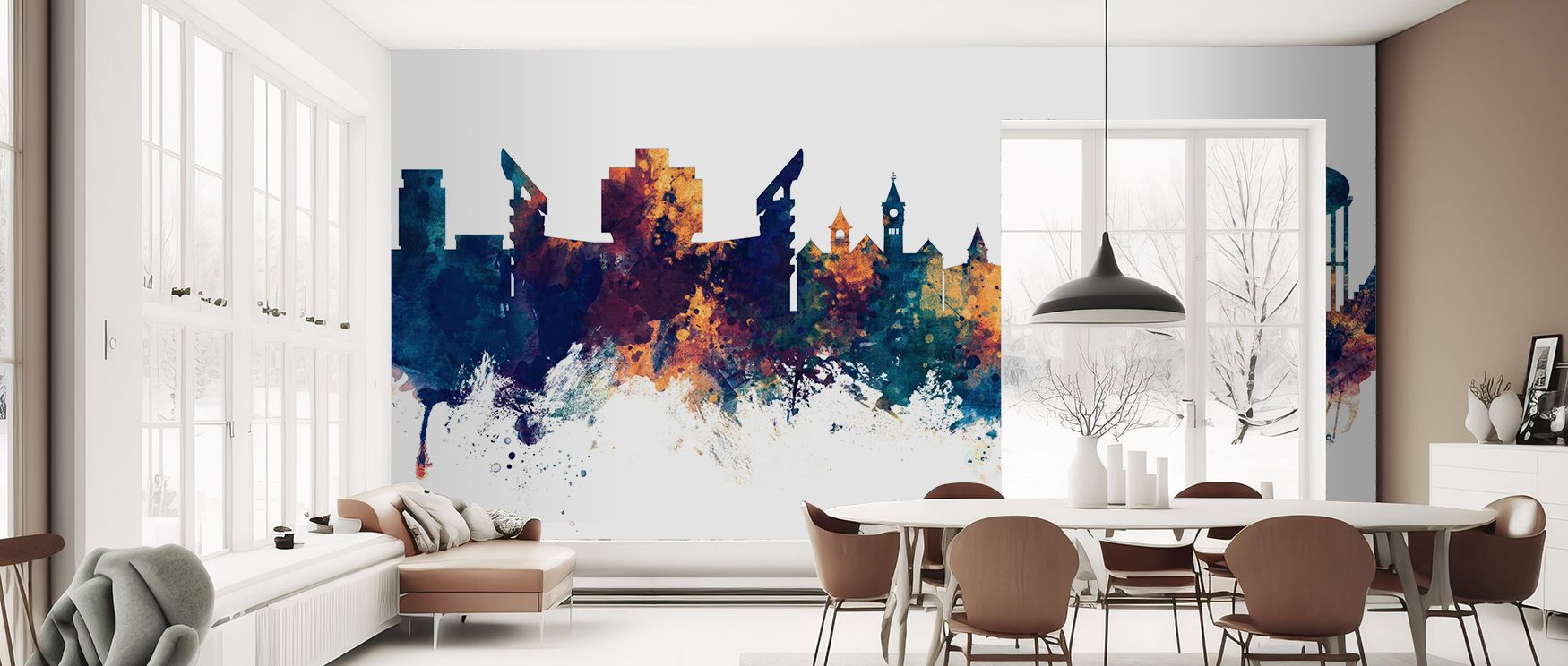 Blue and bronze merge seamlessly in Auburn Alabama Skyline Blue & Bronze Wallpaper, celebrating architectural presence with modern refinement. Interiors glow with urban calm, offering a versatile palette for bedrooms or offices. Its design provides luxury