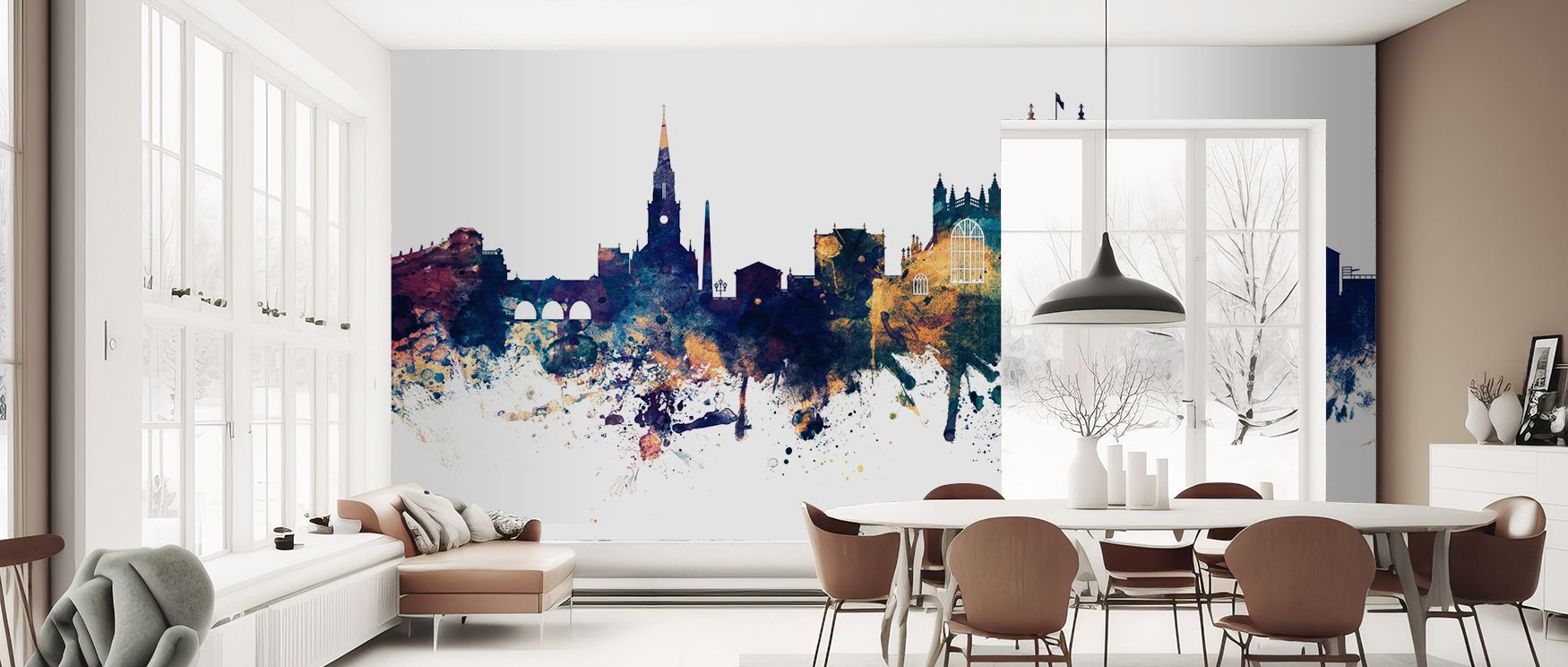 Richly layered tones enhance Bath England Skyline Blue & Bronze Wallpaper, where bronze highlights add warmth to blue foundations. Interiors glow with urban character, turning walls into backdrops of grandeur and sophistication. 