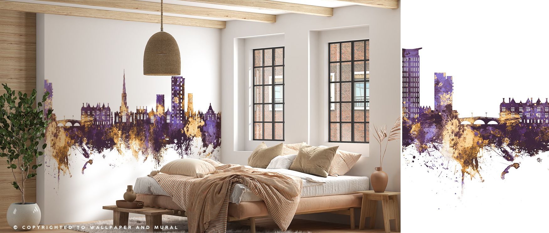 Architectural silhouettes shine against dramatic tones in Bedford England Skyline Purple & Gold Wallpaper, radiating luxury. Interiors are uplifted with grandeur, filling spaces with sophistication and character. Offices or bedrooms benefit from its warmt