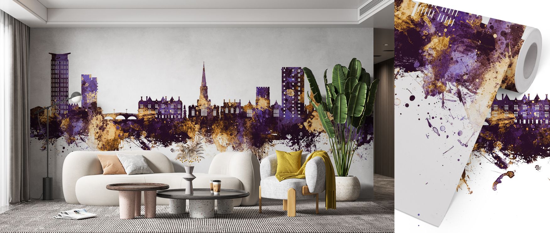 Elegant artistry flows through Bedford England Skyline Purple & Gold Wallpaper, with golden details shimmering over purple depths. Interiors glow with charm, making living rooms or bedrooms stylish sanctuaries of sophistication. 