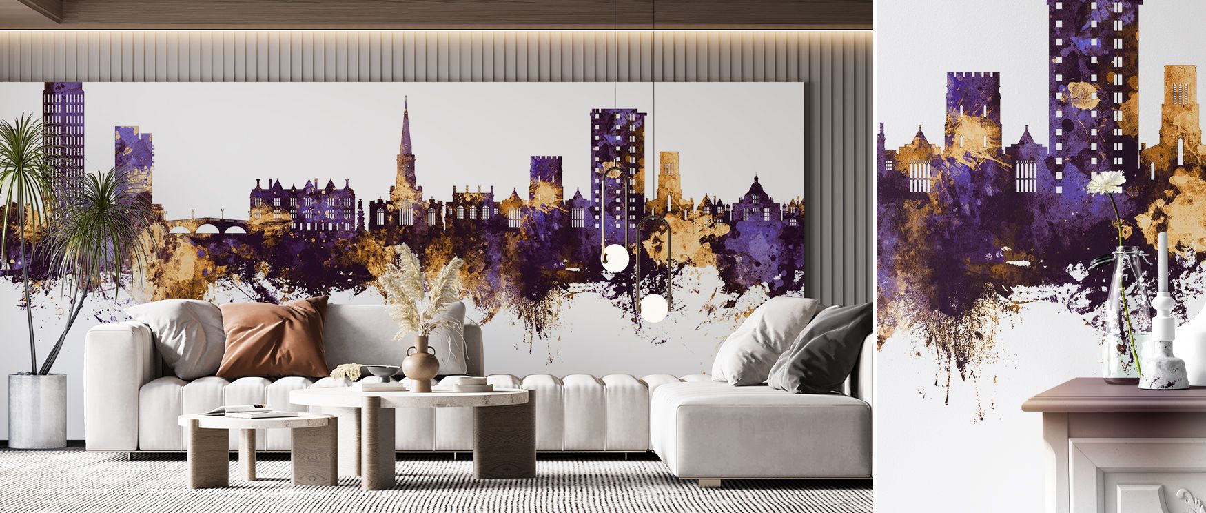 The historic essence of Bedford radiates in Bedford England Skyline Purple & Gold Wallpaper, with refined tones creating atmosphere of luxury. Interiors benefit from its charm, enriching walls with grandeur. Bedrooms or offices glow with character. 