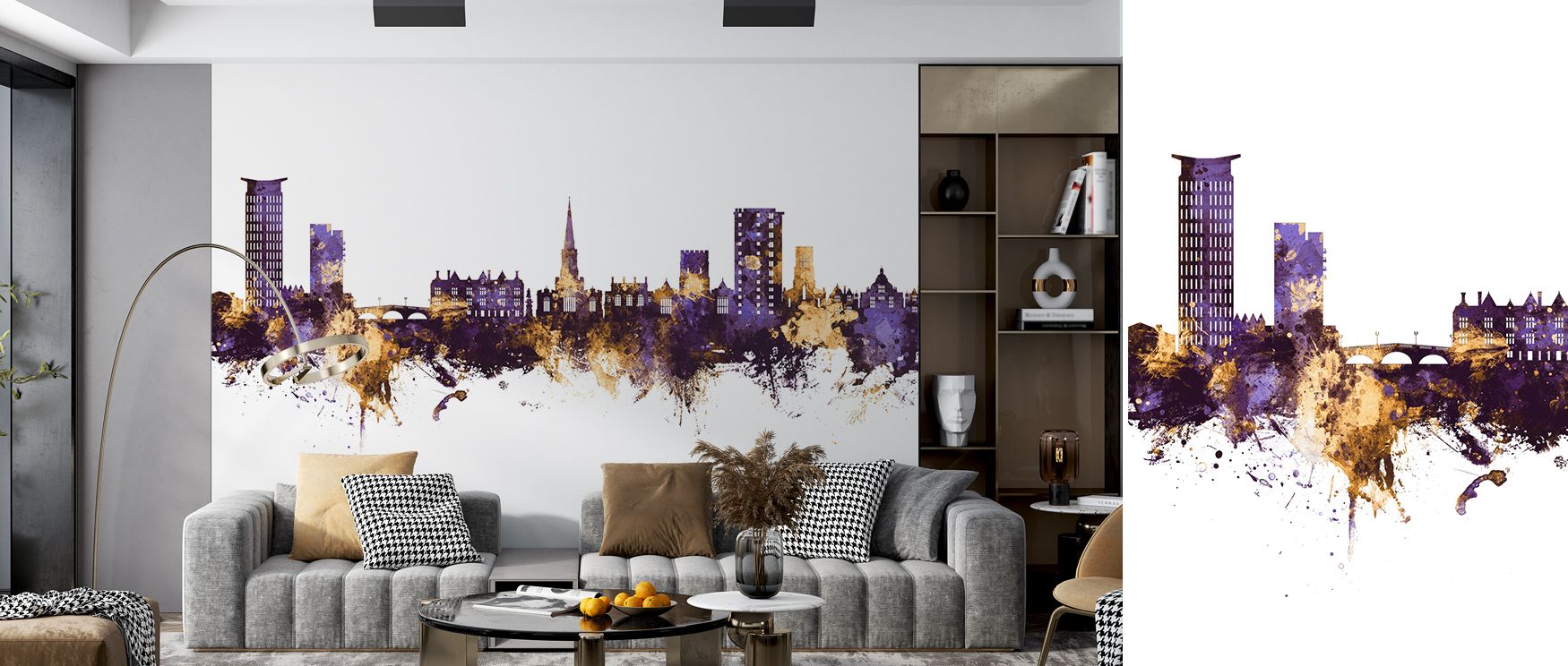 Layers of refinement define Bedford England Skyline Purple & Gold Wallpaper, where tones radiate beauty. Interiors are transformed into spaces of grandeur, suitable for offices or bedrooms seeking timeless character. 