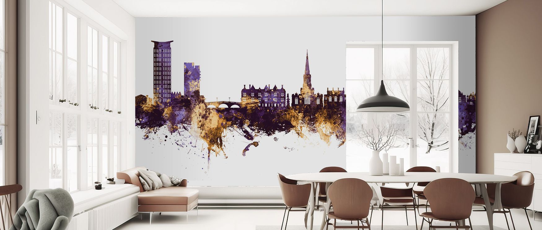Balance and charm appear in Bedford England Skyline Purple & Gold Wallpaper, where glowing gold and purple tones enrich architecture. Interiors gain richness, filled with timeless atmosphere. Living rooms or studies glow with elegant sophistication. 