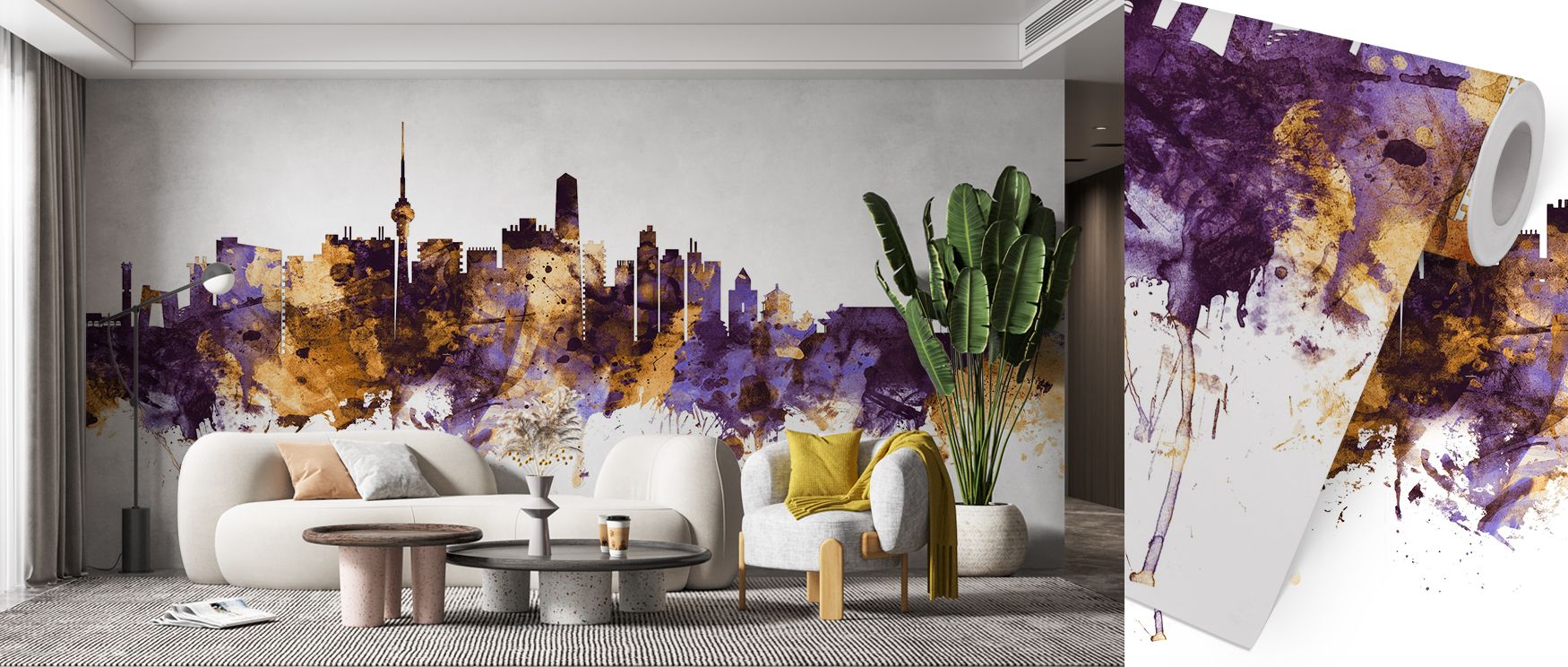 Urban silhouettes stand proudly in Beijing Skyline Purple & Gold Wallpaper, radiating presence. The tones enrich interiors with luxury, creating atmosphere of grandeur. Bedrooms or offices gain character, filled with timeless charm. 