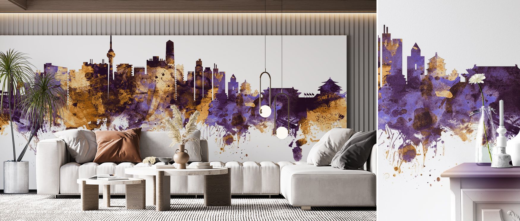 Rich layers of color define Beijing Skyline Purple & Gold Wallpaper, where structures are highlighted with grace. Interiors glow with charm and energy, filled with timeless balance. Living rooms or studies benefit from its refined tones. 