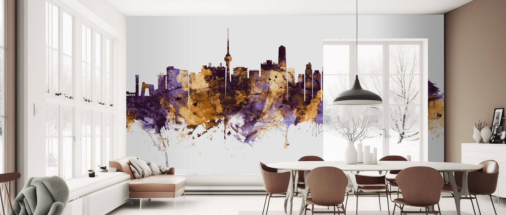 Glowing tones highlight iconic imagery in Beijing Skyline Purple & Gold Wallpaper, adding sophistication. Interiors feel elegant, shaped with presence. Bedrooms or living spaces are enriched with timeless charm. 