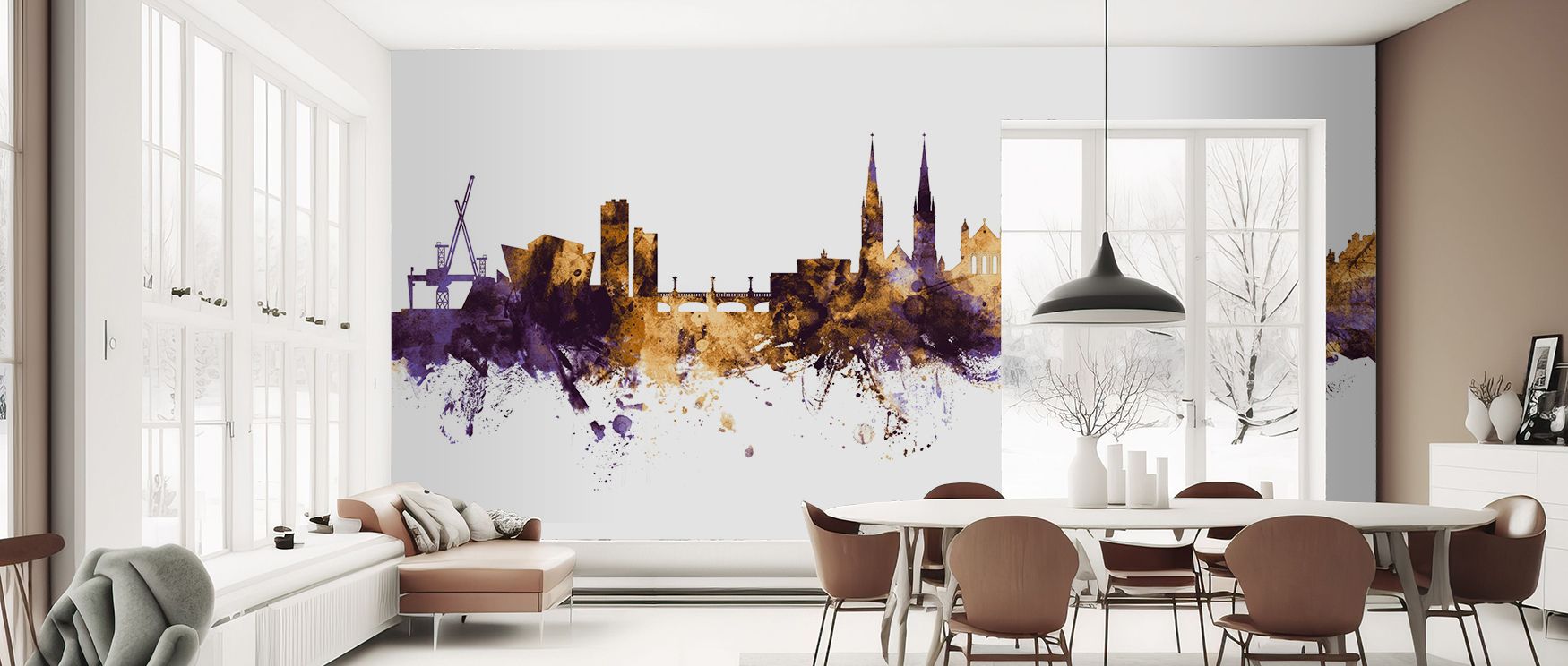 Sophistication radiates from architectural detail, enriching interiors with atmosphere of grandeur expressed in Belfast Northern Ireland Skyline Purple & Gold Wallpaper. Its tones glow across walls, making living spaces or bedrooms luminous retreats fille