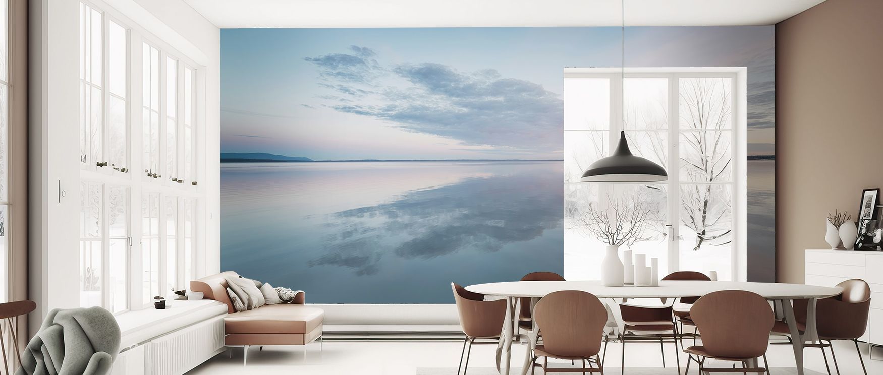 Peaceful scenery shines in mirrored detail, enriching interiors with calm refinement found in Bellingham Reflections Wallpaper. Living rooms or studies glow with charm, creating spaces filled with atmosphere of tranquility. 