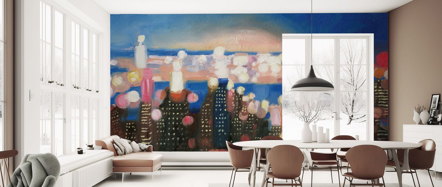 Glowing details highlight urban skylines, enriching interiors with refinement and depth that radiate from Big City Lights Wallpaper. Walls become luminous retreats of sophistication, filling living rooms or studies with vibrant charm and balance. 