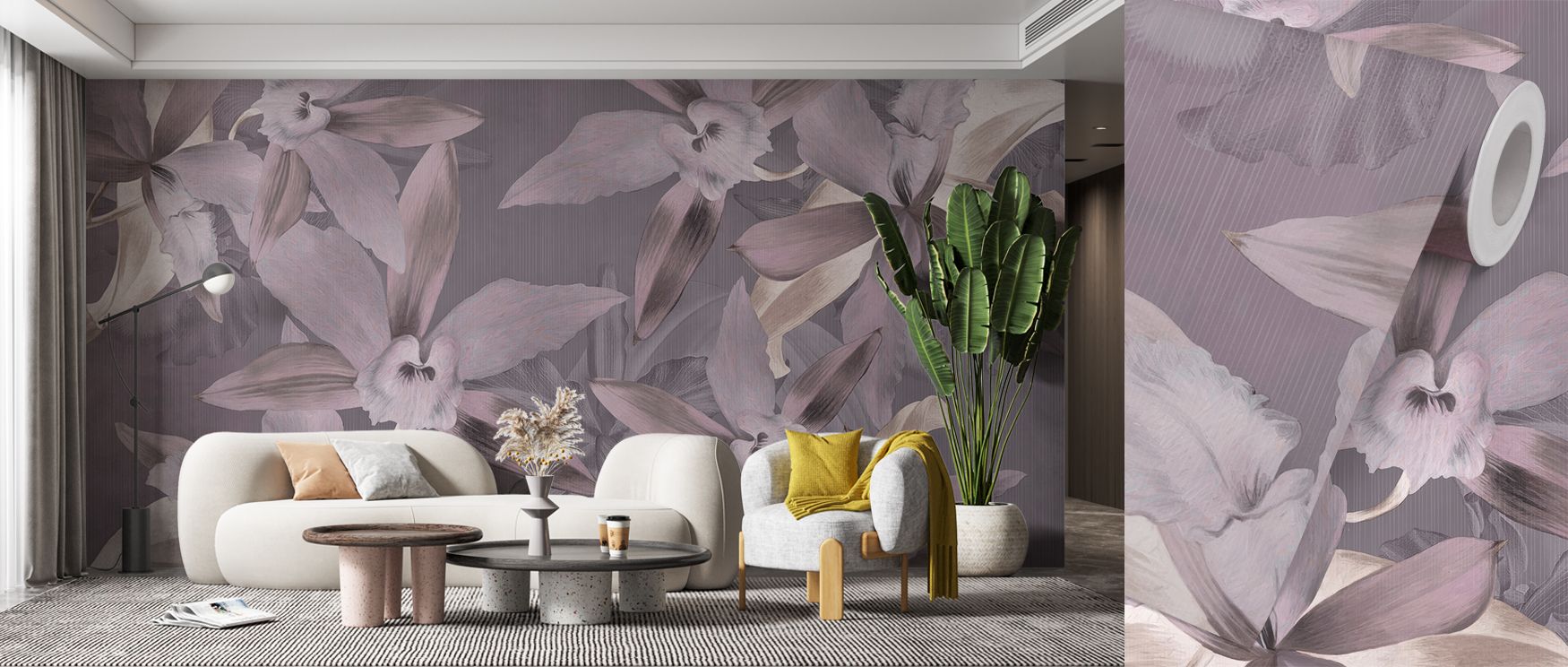 Orchid blossoms shine with vibrancy, filling interiors with tranquility as Big Orchids Purple Wallpaper enhances walls. Bathrooms or living rooms glow with refined charm, making interiors serene sanctuaries of calm. The palette celebrates floral elegance 