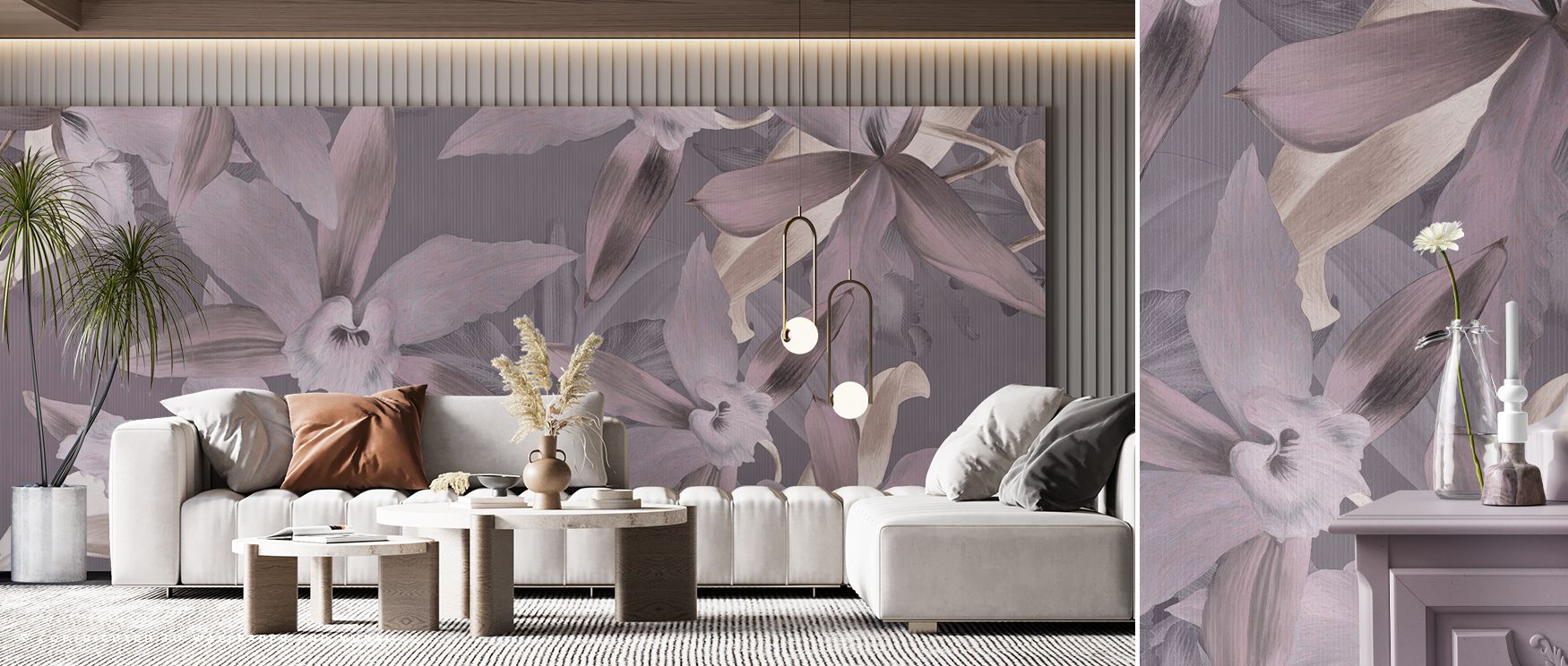 Radiant layers of purple blossoms enrich interiors, glowing with serenity through Big Orchids Purple Wallpaper. Its tones reflect floral balance, turning walls into luminous retreats. Bedrooms or bathrooms shine with charm, filled with atmosphere of elega