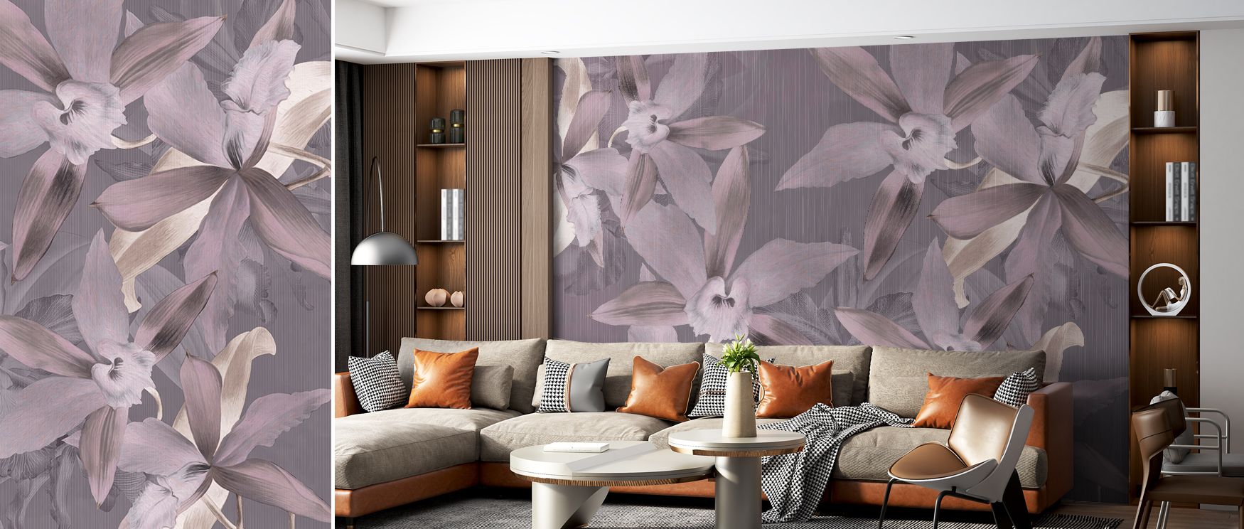 Nature’s grace glows through orchid blooms, offering interiors refinement captured in Big Orchids Purple Wallpaper. Its palette balances richness with calmness, making walls radiant backdrops of serenity. Spaces glow with tranquility, filled with charm. 
