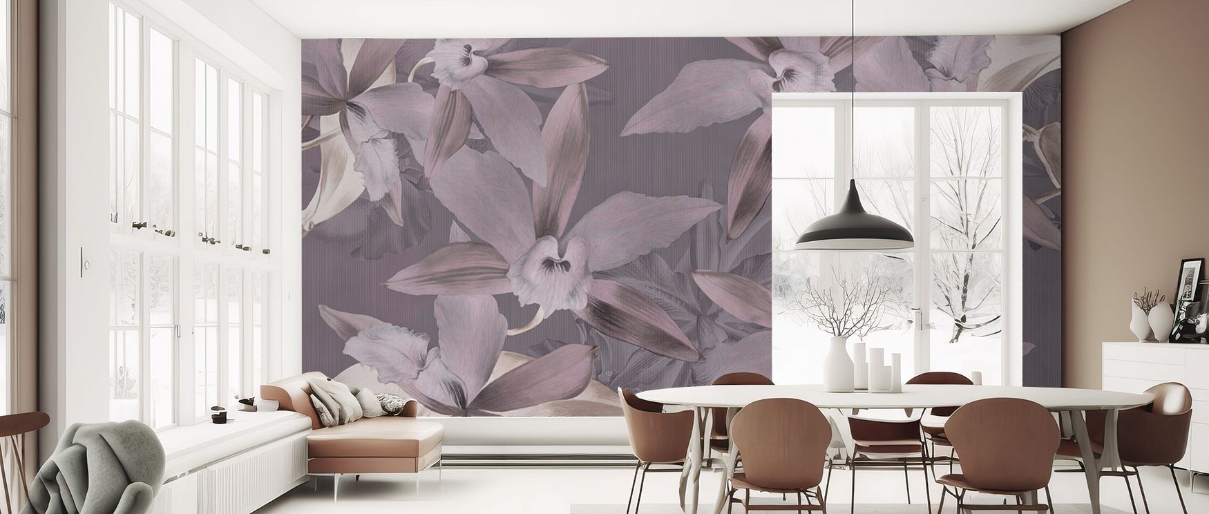 Gentle details highlight blossoms, enhancing interiors with the serene charm of Big Orchids Purple Wallpaper. Walls glow with calm energy, transforming bedrooms or bathrooms into radiant sanctuaries of floral sophistication. Its tones radiate balance and 