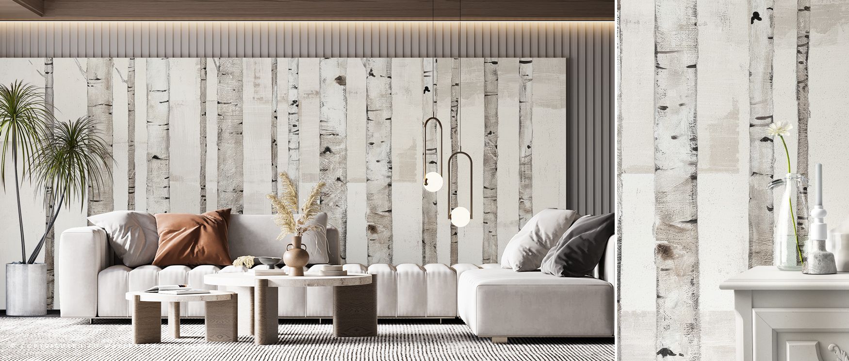 Radiant tones enhance birch details, bringing calm presence into interiors through Birch Trees on White Wallpaper. Its palette creates tranquility, enriching walls with atmosphere of elegance. Offices or bedrooms glow with balance, filled with charm. 