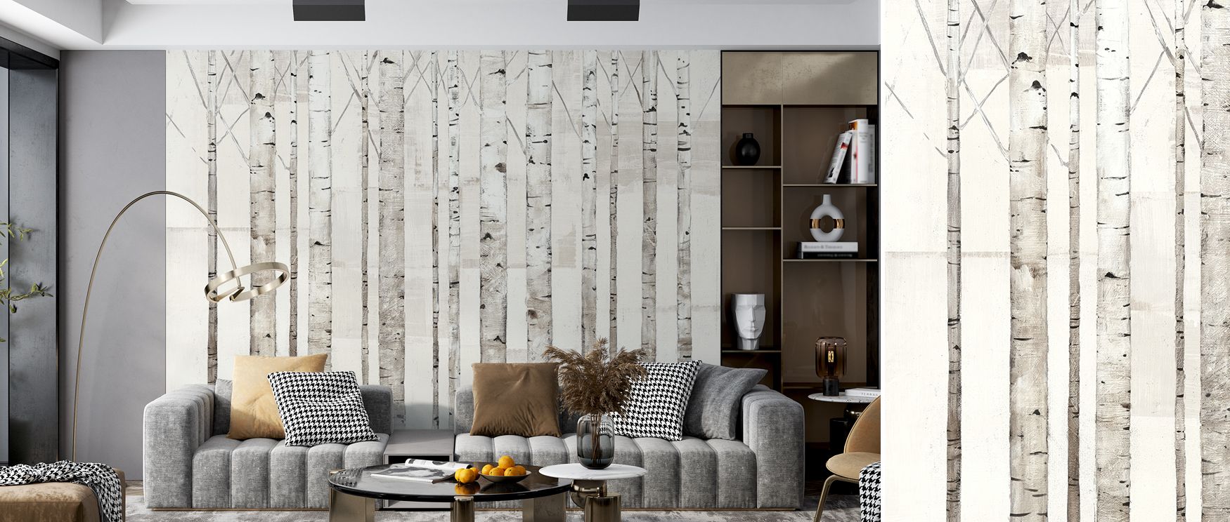 Luminous patterns of birch trees add refinement, filling interiors with atmosphere of calm expressed through Birch Trees on White Wallpaper. Spaces glow with natural charm, making offices or studies radiant retreats of peace. 