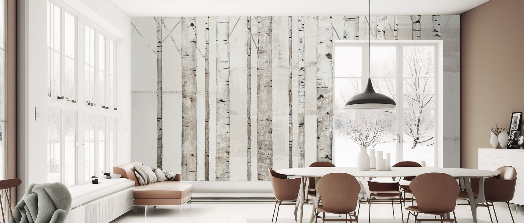 The imagery of birch trunks enriches interiors with balance, making Birch Trees on White Wallpaper an elegant choice. Its tones reflect calm sophistication, shaping bedrooms or living spaces into refined retreats of serenity and grace. 