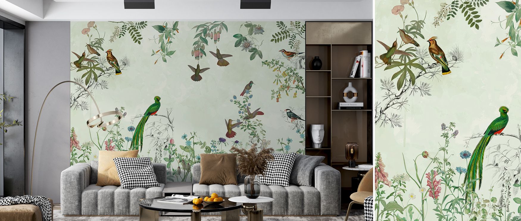 Refined tones highlight blossoms and birds, creating interiors filled with natural sophistication. Birds Garden Wallpaper radiates charm, turning walls into restful sanctuaries. Bedrooms or offices glow with luminous atmosphere, filled with timeless beaut