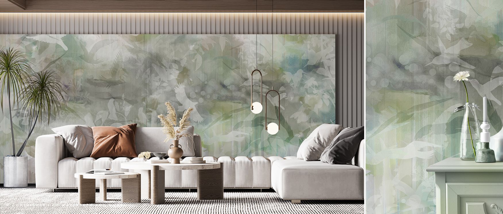 The softness of green hues brings natural refinement, expressed in Birds of Freedom Green Wallpaper. Interiors glow with charm, making walls luminous. Bedrooms or offices shine with atmosphere of calmness and balance, filled with beauty. 