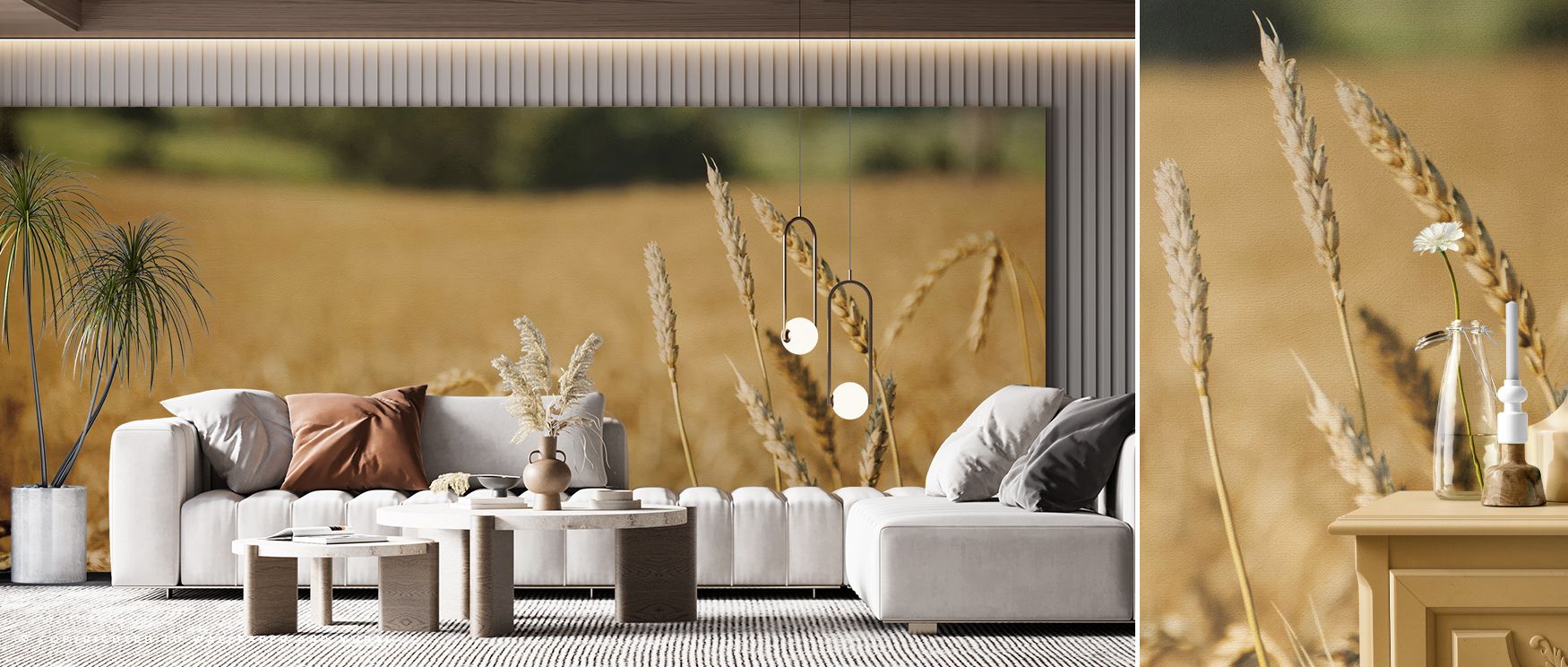 Countryside views enrich interiors with natural charm, glowing softly within Blissful Country Wallpaper. Its tones radiate calmness, shaping bedrooms or living rooms into luminous retreats. Walls gain refinement and balance, filled with timeless charm. 