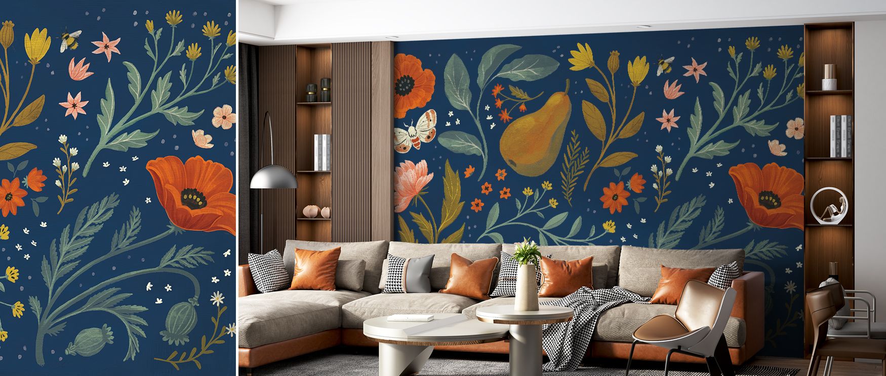 The Blue Botanical Wallpaper creates a sense of movement through vines and blossoms that intertwine across the surface. Its blue palette brings both light and serenity, adding refinement to living rooms, bedrooms, or offices with timeless botanical artist